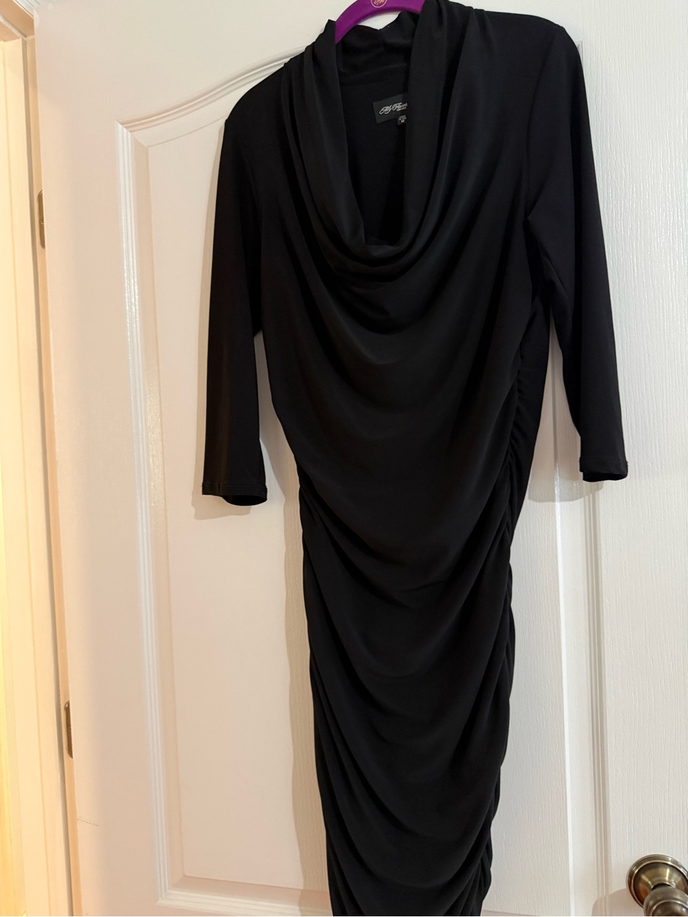 Colleen Lopez Black Cowl Neck Ruched Long Sleeve Dress